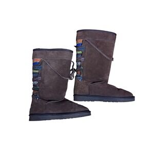 Lamo Womens Tall Suede Boots Brown Woven Back Lace Up Faux Fur Lined Boho Winter